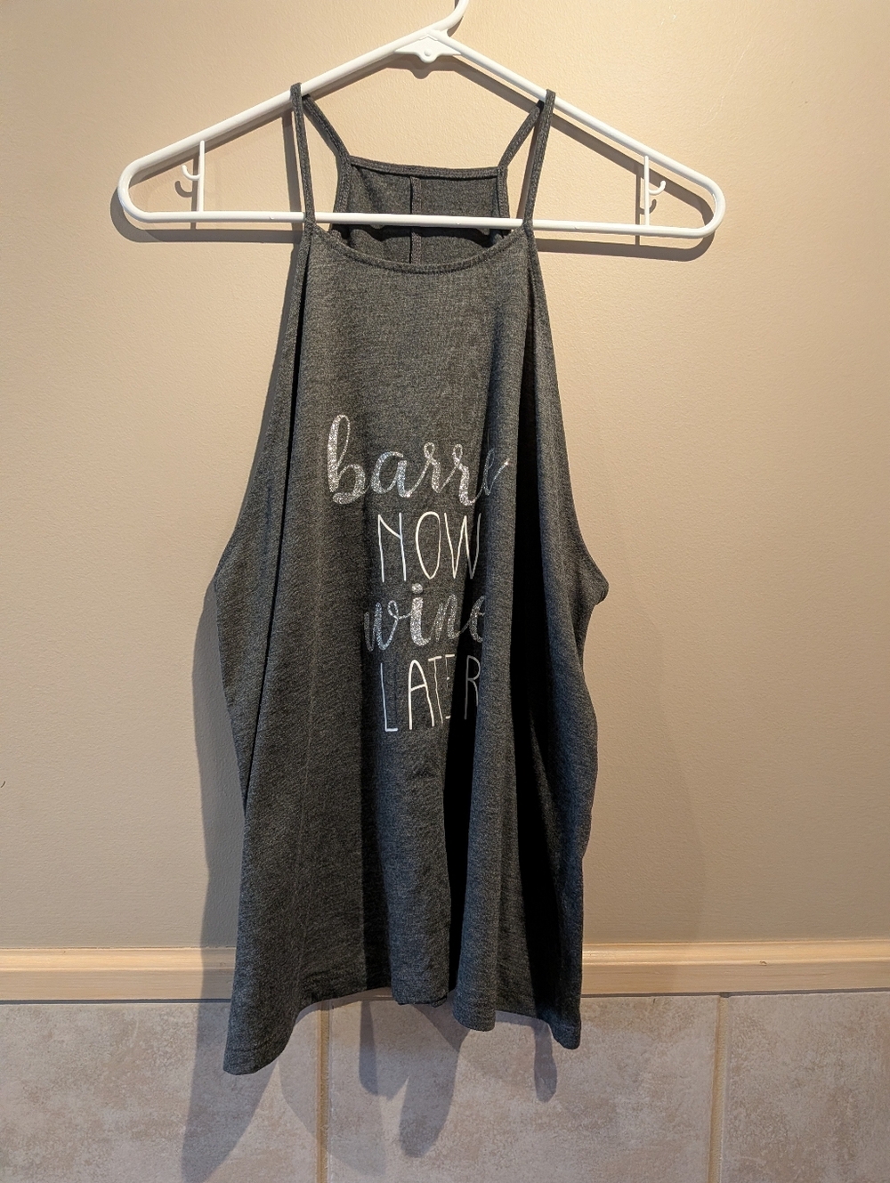 Barre Now Wine Later Halter Tank, Dark Gray, Glitter Accent, Size L